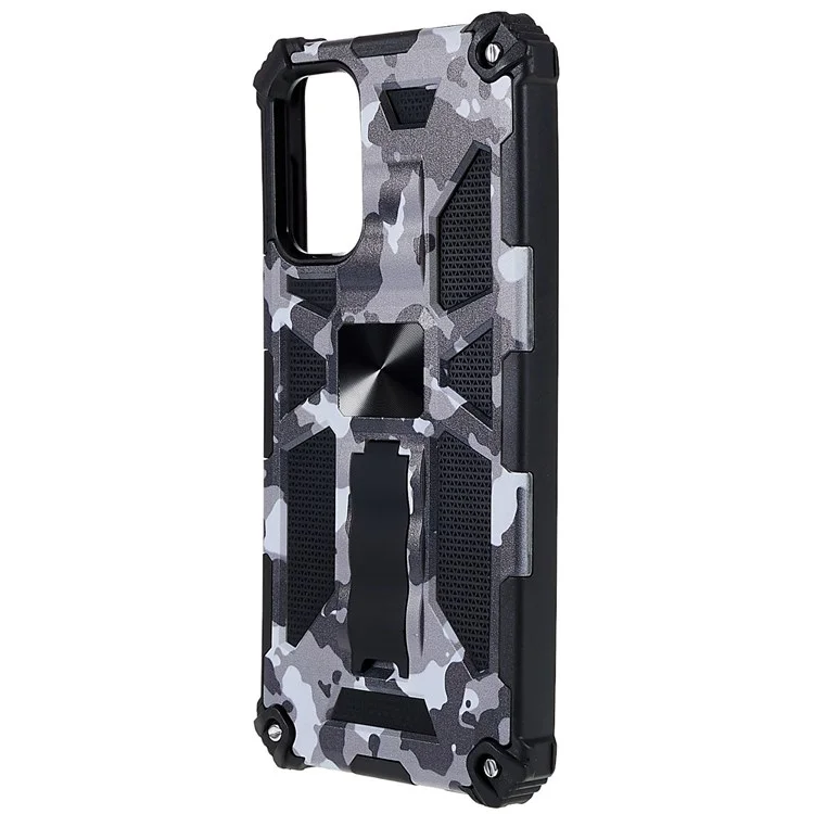 Stoßfester Militärische Tarnung Design Anti-Sturz Handyhülle mit verstecktem Ständer und eingebautem Metallblatt Handytasche für Samsung Galaxy A13 5G - Tarnfarbe Schwarz