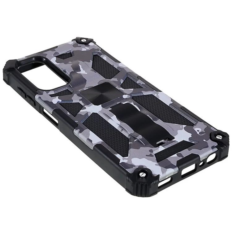 Stoßfester Militärische Tarnung Design Anti-Sturz Handyhülle mit verstecktem Ständer und eingebautem Metallblatt Handytasche für Samsung Galaxy A13 5G - Tarnfarbe Schwarz