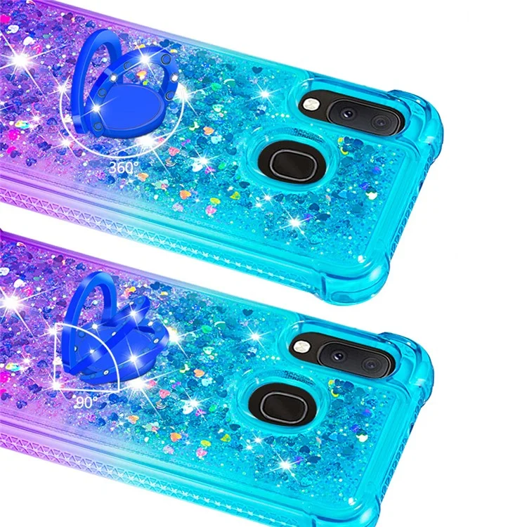 Étui de téléphone en TPU Gradient Quicksand avec support annulaire et découpes précises pour Samsung Galaxy A10e/A20e - Bleu ciel/Violet