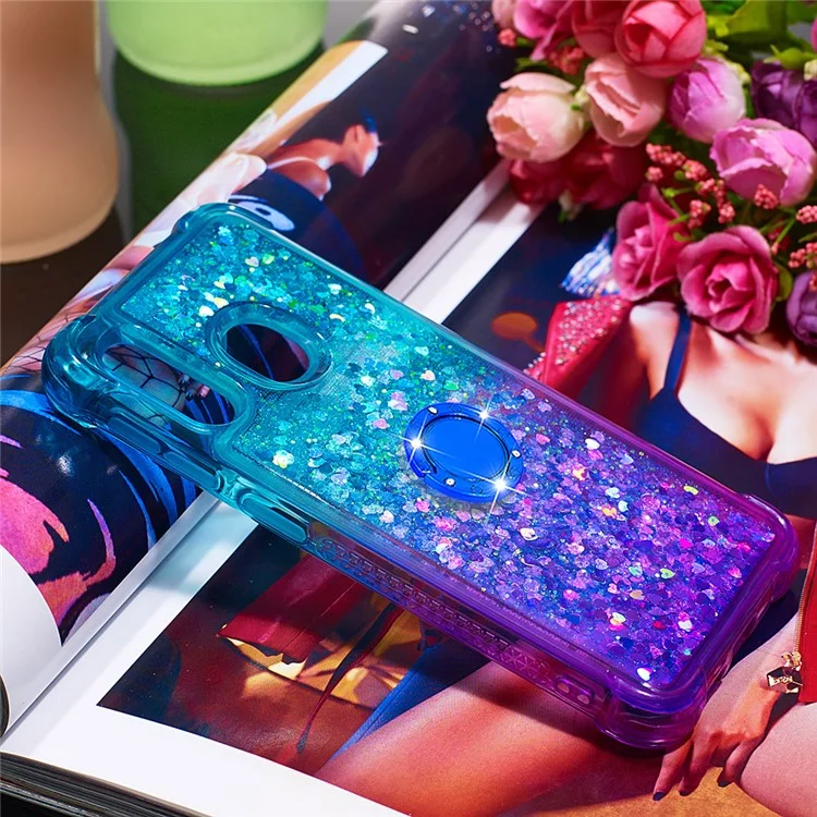 Étui de téléphone en TPU Gradient Quicksand avec support annulaire et découpes précises pour Samsung Galaxy A10e/A20e - Bleu ciel/Violet