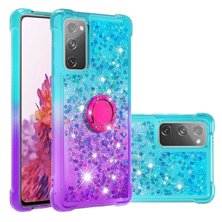 Anti-Sturz-Ring Kickstand Soft TPU Gradient Quicksand Cover Flowing Liquid Design Stylish Phone Case für Samsung Galaxy S20 FE 2022/S20 FE 4G/5G/S20 Fan Edition 4G/5G/S20 Lite - Himmelblau/Lila