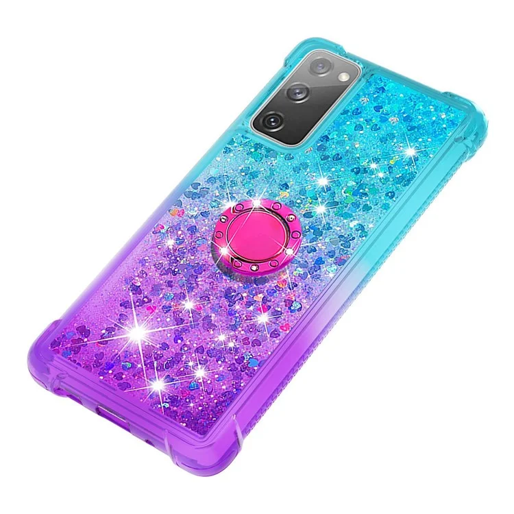 Anti-fall Ring Kickstand Soft TPU Gradient Quicksand Cover Flowing Liquid Design Stylish Phone Case for Samsung Galaxy S20 FE 2022/S20 FE 4G/5G/S20 Fan Edition 4G/5G/S20 Lite - Sky Blue/Purple