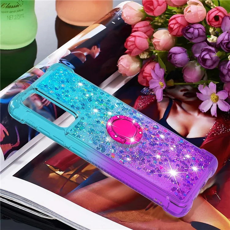 Anti-fall Ring Kickstand Soft TPU Gradient Quicksand Cover Flowing Liquid Design Stylish Phone Case for Samsung Galaxy S20 FE 2022/S20 FE 4G/5G/S20 Fan Edition 4G/5G/S20 Lite - Sky Blue/Purple