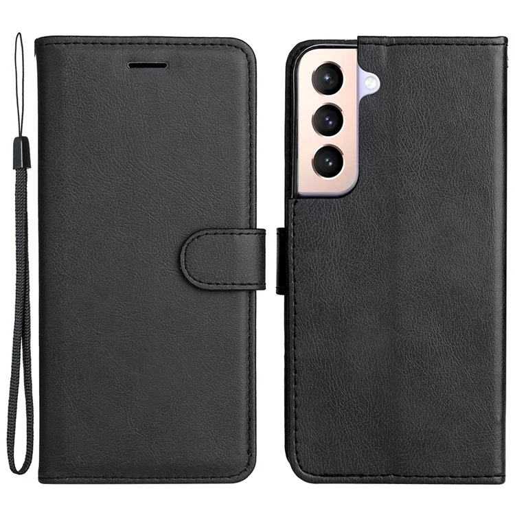 For Samsung Galaxy S22+ 5G Case Solid Color Leather Mobile Cover Wallet Stand with Strap - Black
