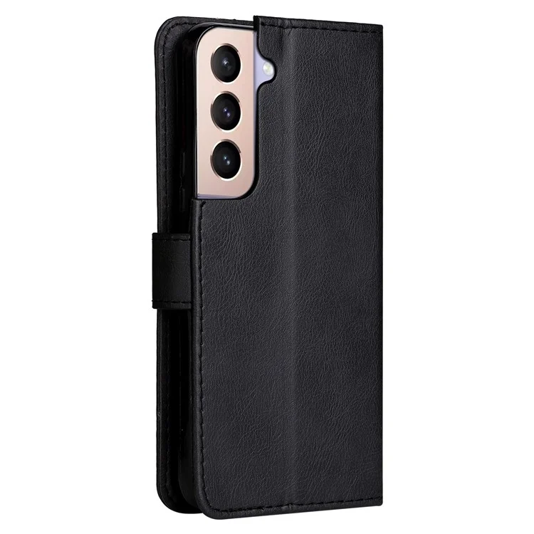 For Samsung Galaxy S22+ 5G Case Solid Color Leather Mobile Cover Wallet Stand with Strap - Black
