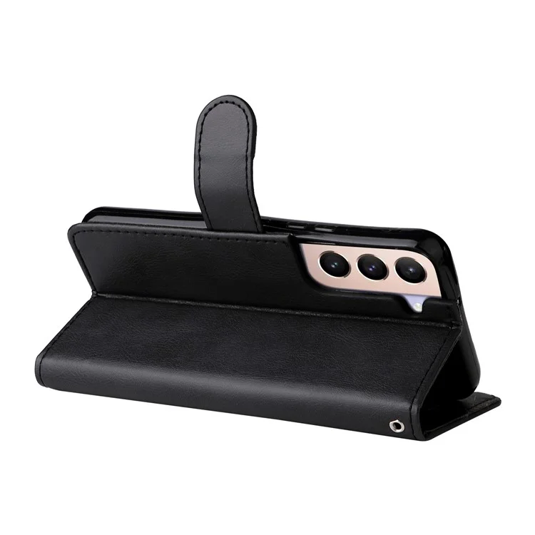 For Samsung Galaxy S22+ 5G Case Solid Color Leather Mobile Cover Wallet Stand with Strap - Black