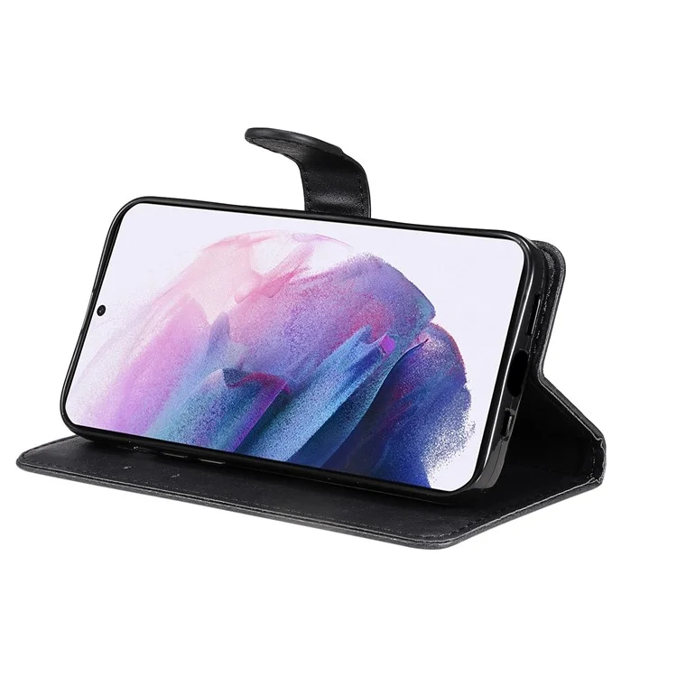 For Samsung Galaxy S22+ 5G Case Solid Color Leather Mobile Cover Wallet Stand with Strap - Black