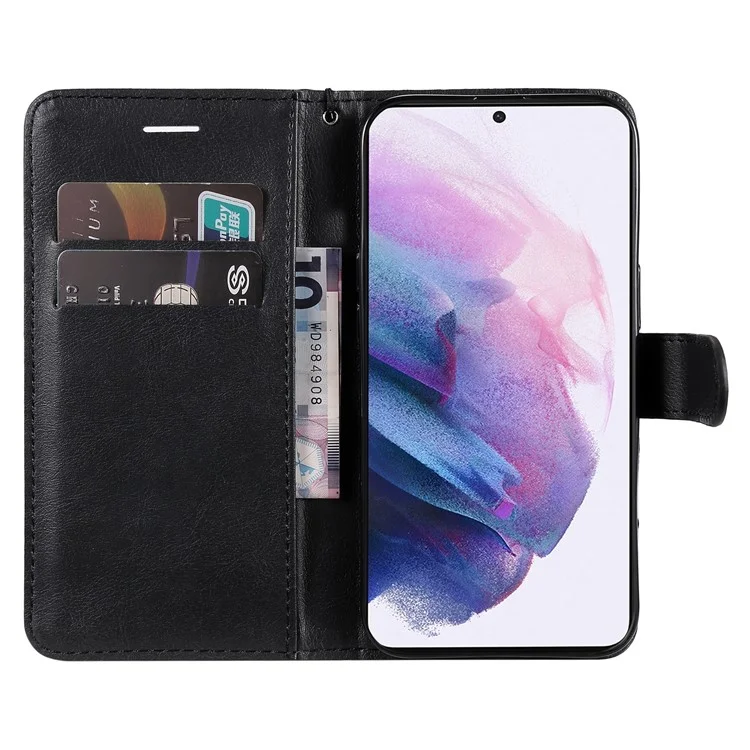 For Samsung Galaxy S22+ 5G Case Solid Color Leather Mobile Cover Wallet Stand with Strap - Black