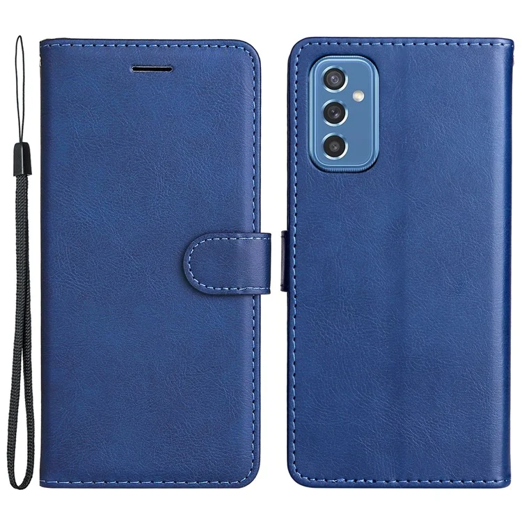 For Samsung Galaxy M52 5G Case Solid Color Leather Mobile Cover Wallet Stand with Strap - Blue