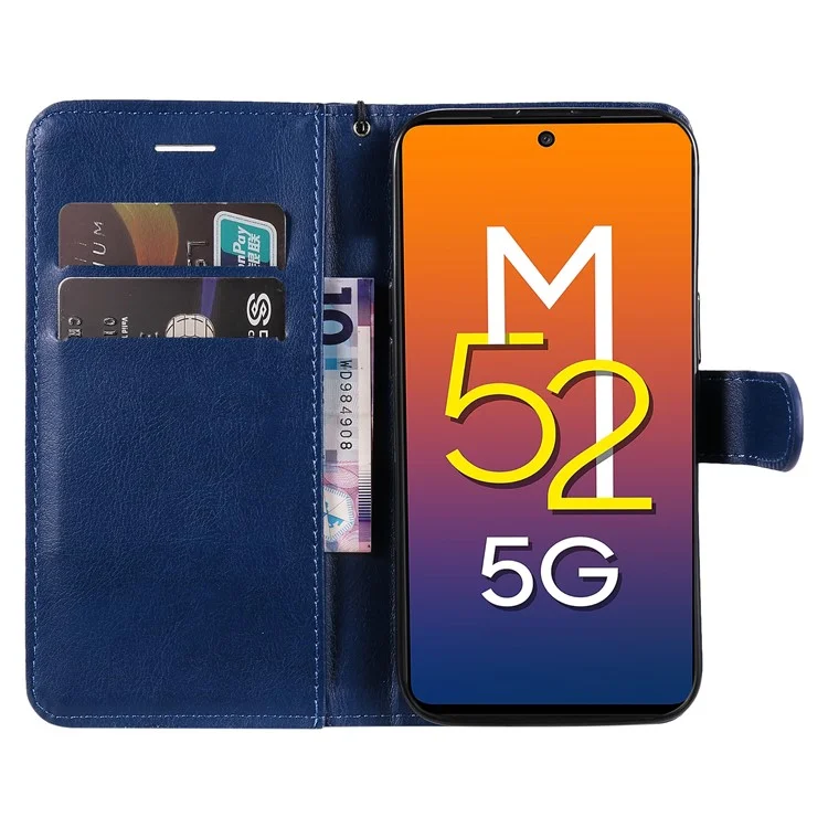 For Samsung Galaxy M52 5G Case Solid Color Leather Mobile Cover Wallet Stand with Strap - Blue