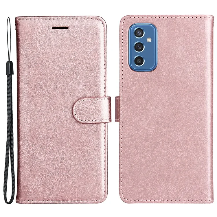 For Samsung Galaxy M52 5G Case Solid Color Leather Mobile Cover Wallet Stand with Strap - Rose Gold