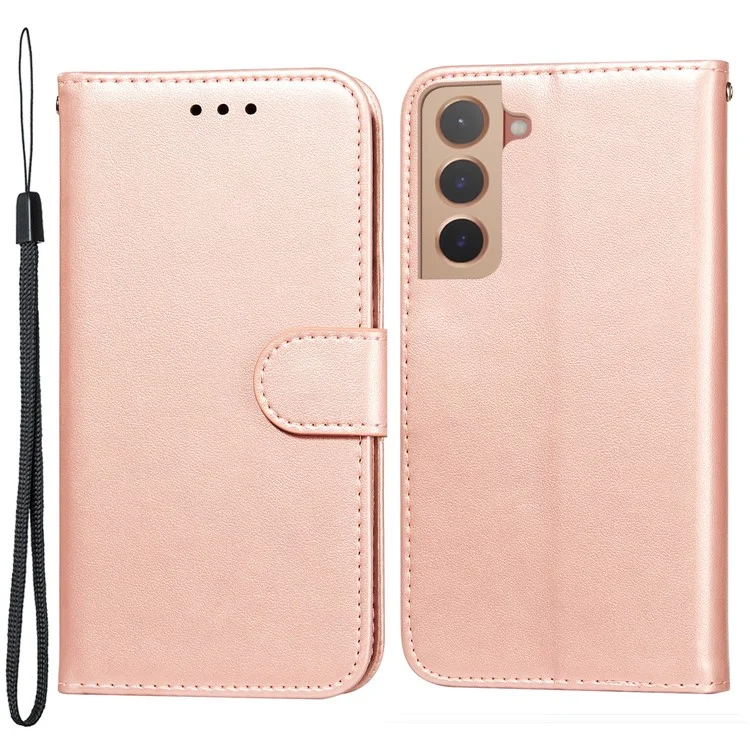 Anti-scratch Phone Covering TPU+PU Leather Wallet Stand Flip Smart Phone Case for Samsung Galaxy S22 5G - Rose Gold