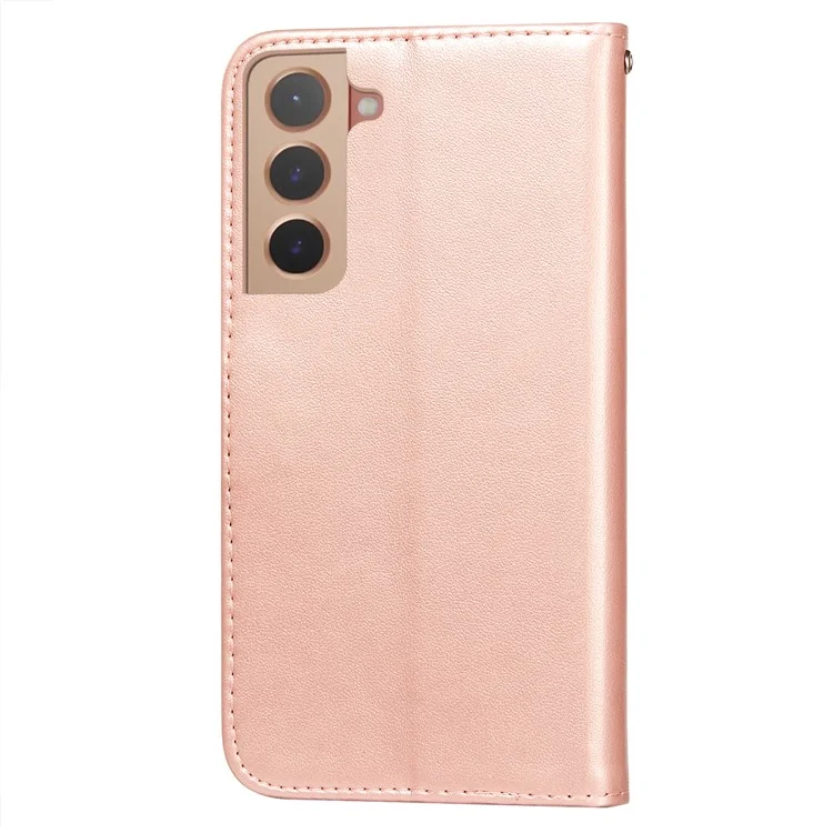 Anti-scratch Phone Covering TPU+PU Leather Wallet Stand Flip Smart Phone Case for Samsung Galaxy S22 5G - Rose Gold