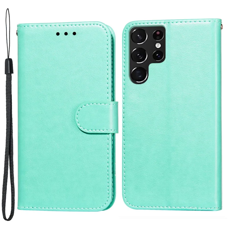 Anti-scratch Flip Phone Cover Solid Color PU Leather Wallet Stand Phone Case for Samsung Galaxy S22 Ultra 5G - Green