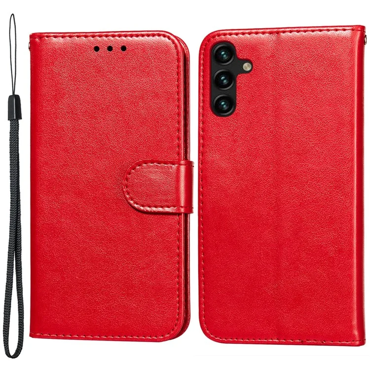 Etui à rabat en cuir PU de couleur unie à fermeture magnétique double face avec dragonne pour Samsung Galaxy A13 5G / A04s 4G (164,7 x 76,7 x 9,1 mm) - Rouge
