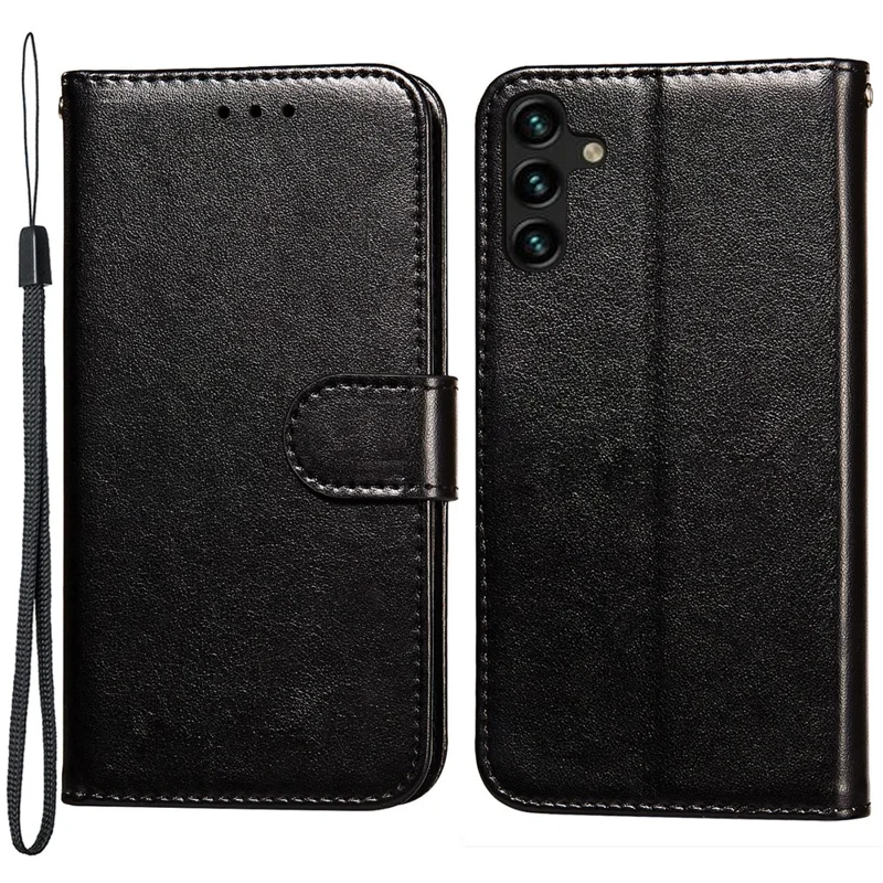 Solid Color PU Leather Wallet Stand Flip Cover Phone Case with Wrist Strap for Samsung Galaxy A13 5G / A04s 4G (164.7mm) - Black