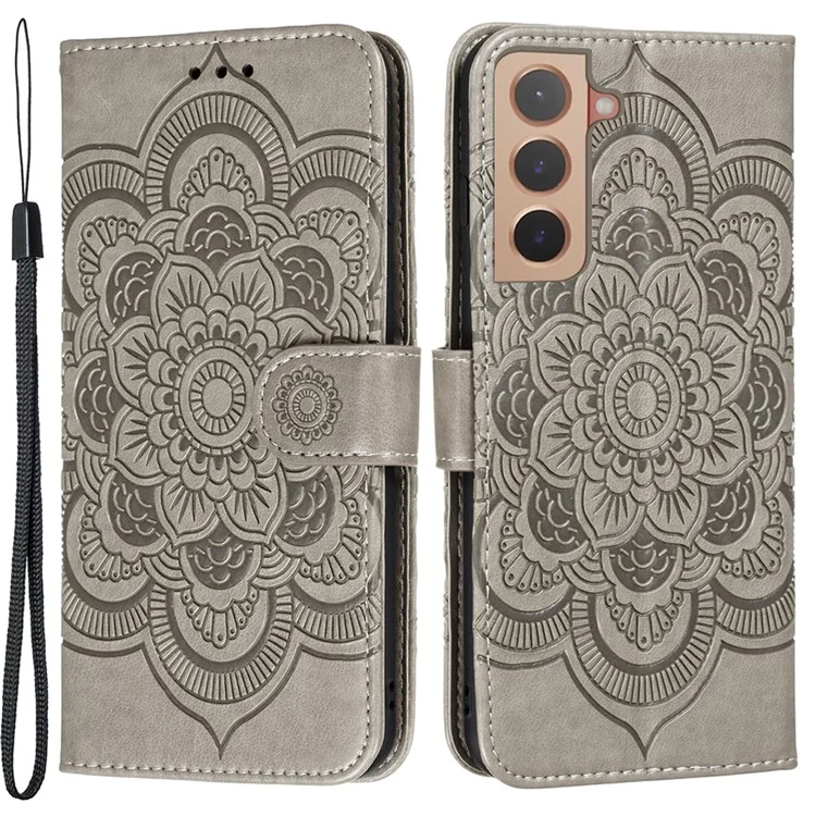 Стенд PU Flip Flip Flip Implip Flower Wallet Case с Ремешком Для Samsung Galaxy S22+ 5G - Серый
