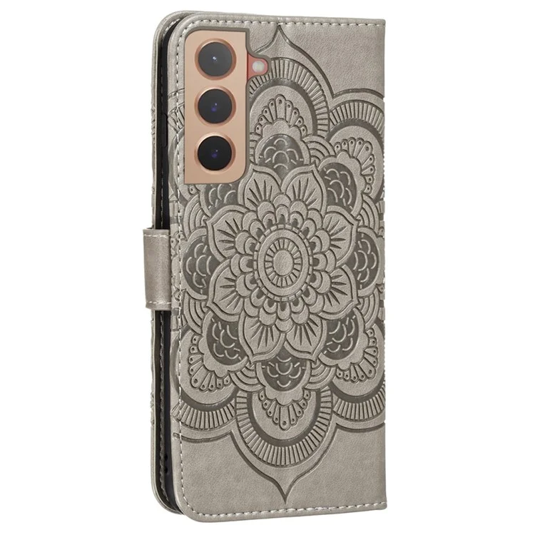 Стенд PU Flip Flip Flip Implip Flower Wallet Case с Ремешком Для Samsung Galaxy S22+ 5G - Серый