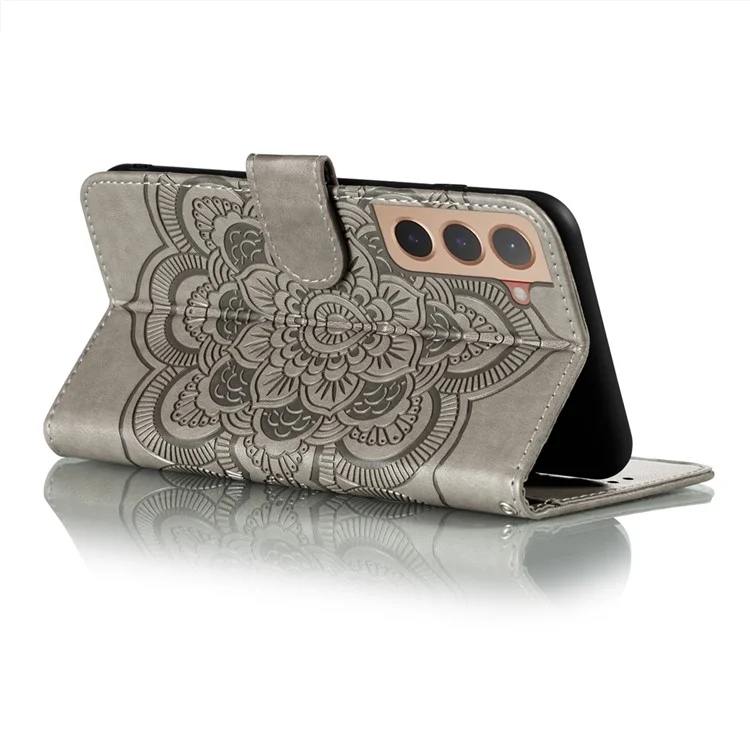Стенд PU Flip Flip Flip Implip Flower Wallet Case с Ремешком Для Samsung Galaxy S22+ 5G - Серый