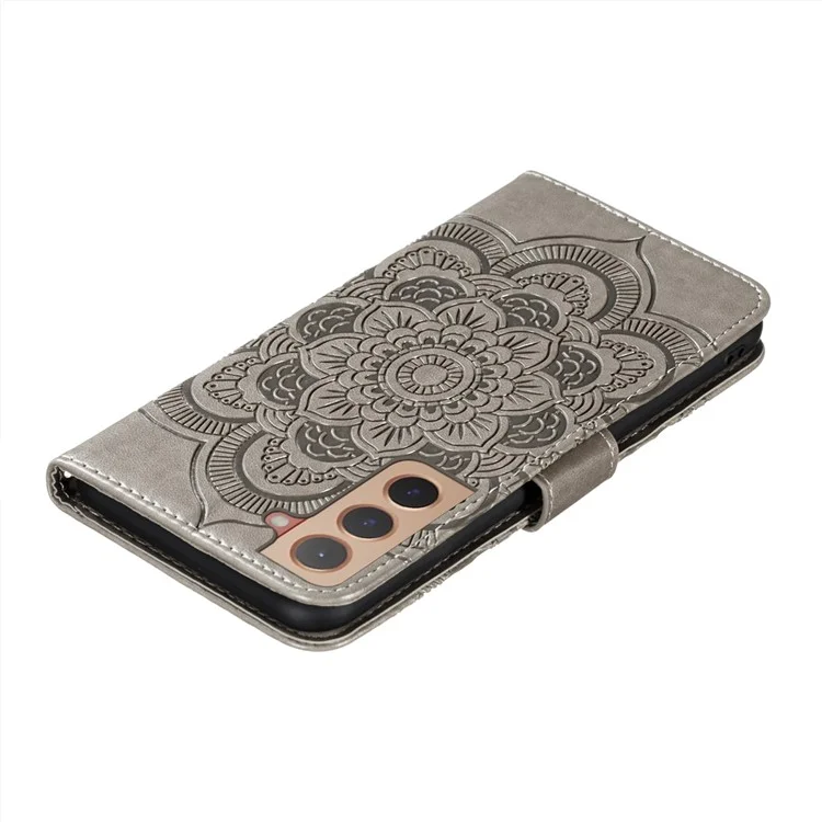Стенд PU Flip Flip Flip Implip Flower Wallet Case с Ремешком Для Samsung Galaxy S22+ 5G - Серый