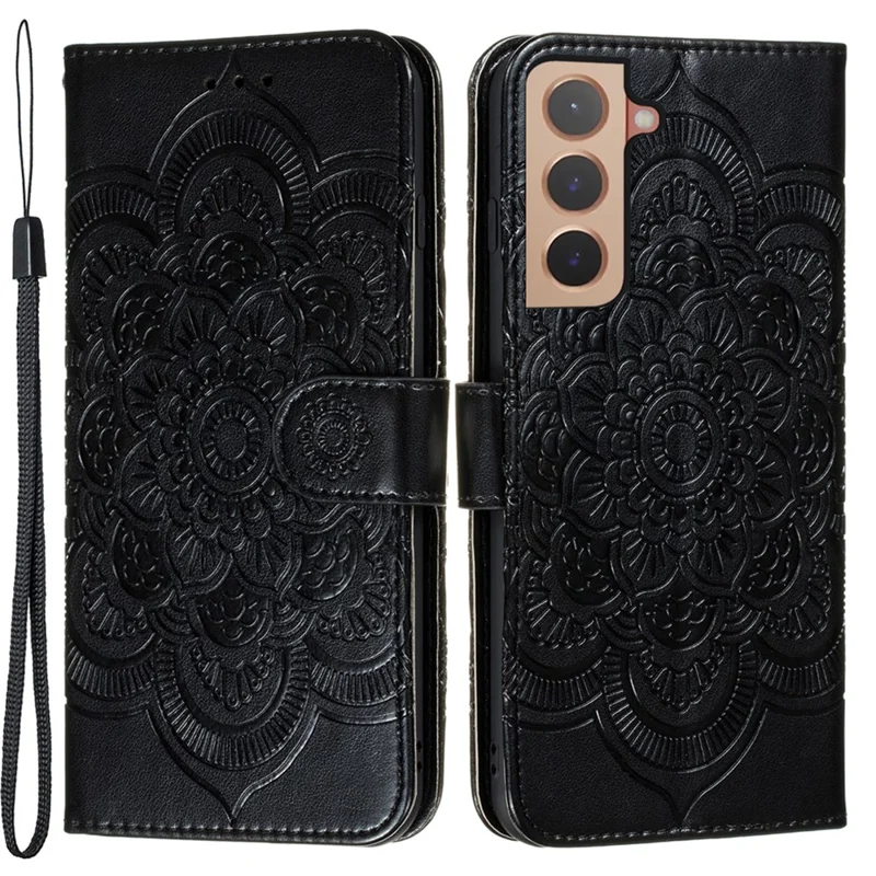 Mandala Flower Imprinted Flip PU Leather Cover Shockproof TPU Interior Wallet Stand Case with Strap for Samsung Galaxy S22 5G - Black