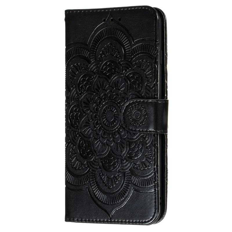 Mandala Flower Imprinted Flip PU Leather Cover Shockproof TPU Interior Wallet Stand Case with Strap for Samsung Galaxy S22 5G - Black