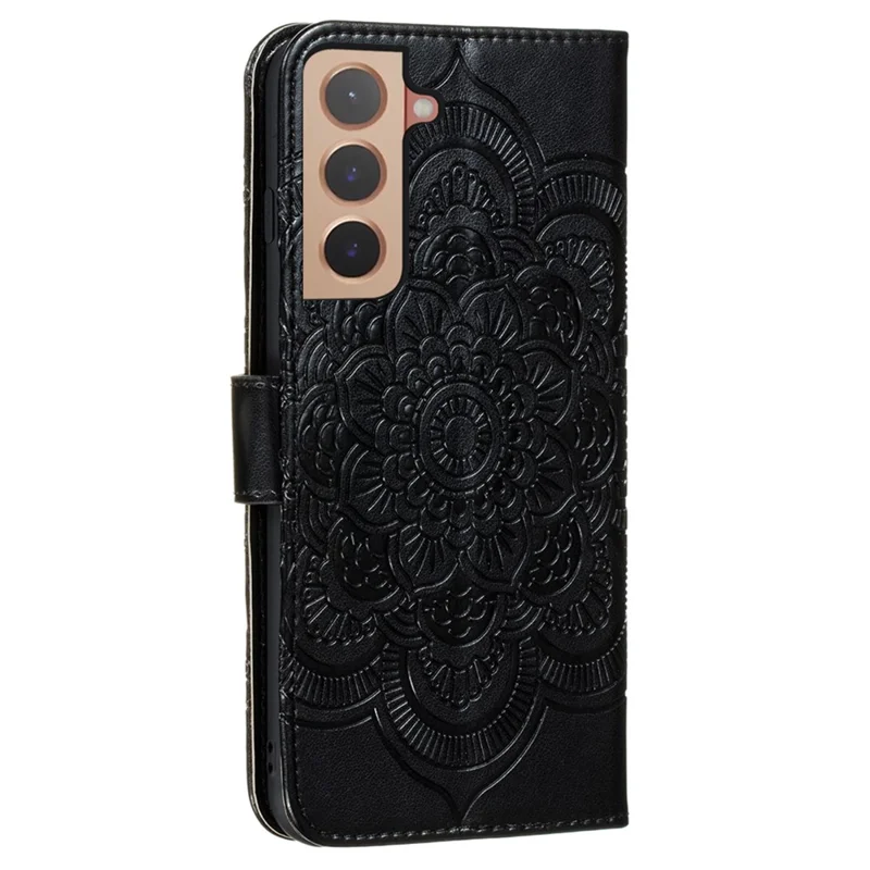 Mandala Flower Imprinted Flip PU Leather Cover Shockproof TPU Interior Wallet Stand Case with Strap for Samsung Galaxy S22 5G - Black