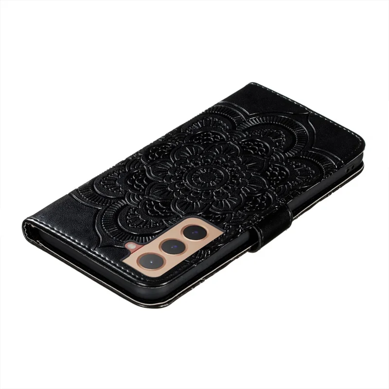 Mandala Flower Imprinted Flip PU Leather Cover Shockproof TPU Interior Wallet Stand Case with Strap for Samsung Galaxy S22 5G - Black
