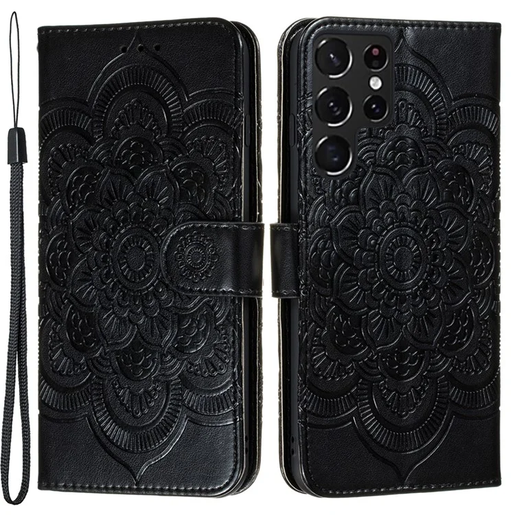 Imprinting Mandala Flower Horizontal Flip PU Leather Case Stand Wallet Phone Cover with Strap for Samsung Galaxy S22 Ultra 5G - Black