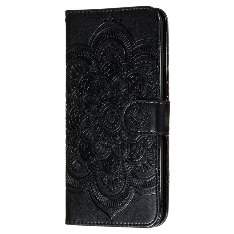 Imprinting Mandala Flower Horizontal Flip PU Leather Case Stand Wallet Phone Cover with Strap for Samsung Galaxy S22 Ultra 5G - Black