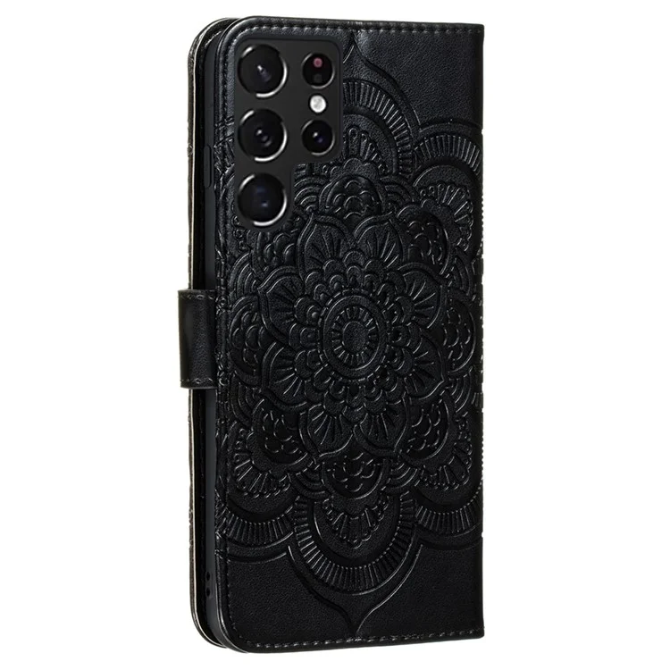 Imprinting Mandala Flower Horizontal Flip PU Leather Case Stand Wallet Phone Cover with Strap for Samsung Galaxy S22 Ultra 5G - Black