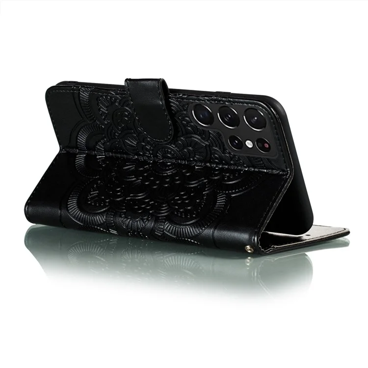 Imprinting Mandala Flower Horizontal Flip PU Leather Case Stand Wallet Phone Cover with Strap for Samsung Galaxy S22 Ultra 5G - Black
