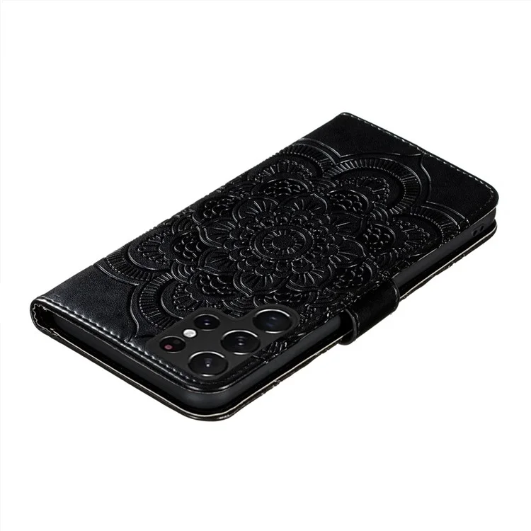 Imprinting Mandala Flower Horizontal Flip PU Leather Case Stand Wallet Phone Cover with Strap for Samsung Galaxy S22 Ultra 5G - Black