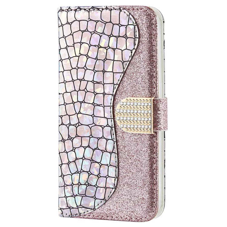 360-Degree Protective Crocodile Texture Glittery Powder Splicing Leather Wallet Case for Samsung Galaxy S22 5G - Rose Gold