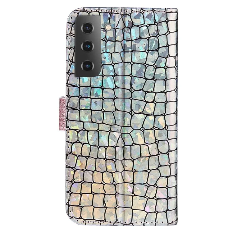 360-Degree Protective Crocodile Texture Glittery Powder Splicing Leather Wallet Case for Samsung Galaxy S22 5G - Rose Gold