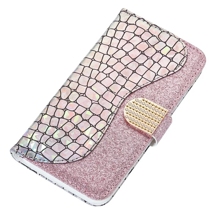 360-Degree Protective Crocodile Texture Glittery Powder Splicing Leather Wallet Case for Samsung Galaxy S22 5G - Rose Gold