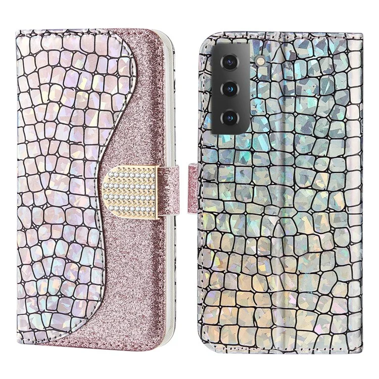 Scratch-resistant Flip Phone Cover Crocodile Texture Glittery Powder Splicing Leather Wallet Case for Samsung Galaxy S22+ 5G - Rose Gold