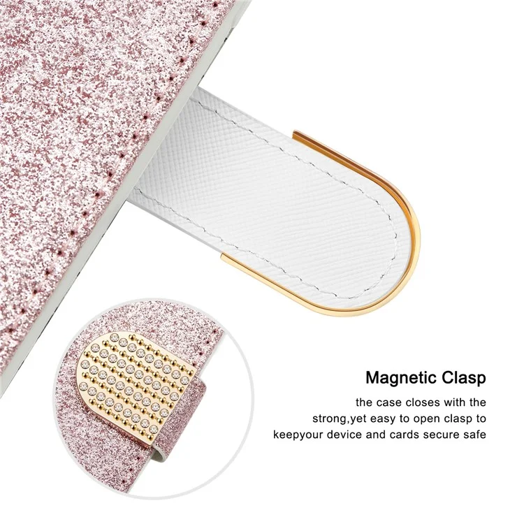 Scratch-resistant Flip Phone Cover Crocodile Texture Glittery Powder Splicing Leather Wallet Case for Samsung Galaxy S22+ 5G - Rose Gold