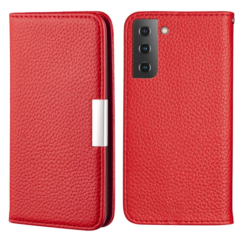 Anti-drop Litchi Skin Metal Buckle Automatic Closing Shockproof Leather Case Cover with Card Holder for Samsung Galaxy S22+ 5G - Red