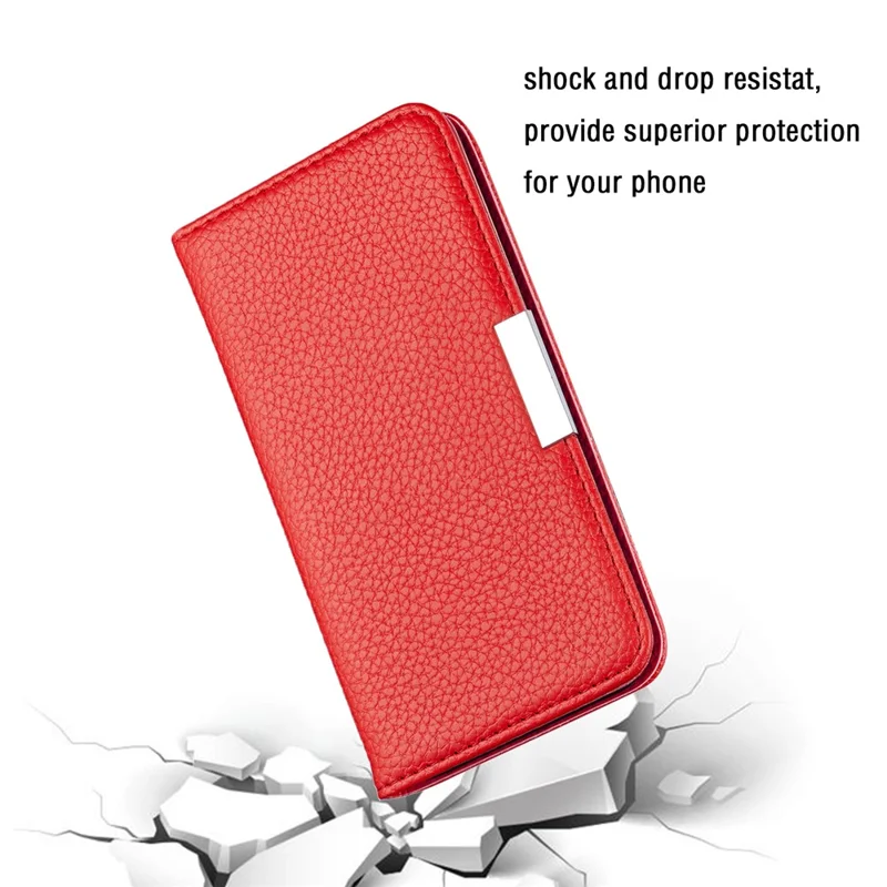 Anti-drop Litchi Skin Metal Buckle Automatic Closing Shockproof Leather Case Cover with Card Holder for Samsung Galaxy S22+ 5G - Red