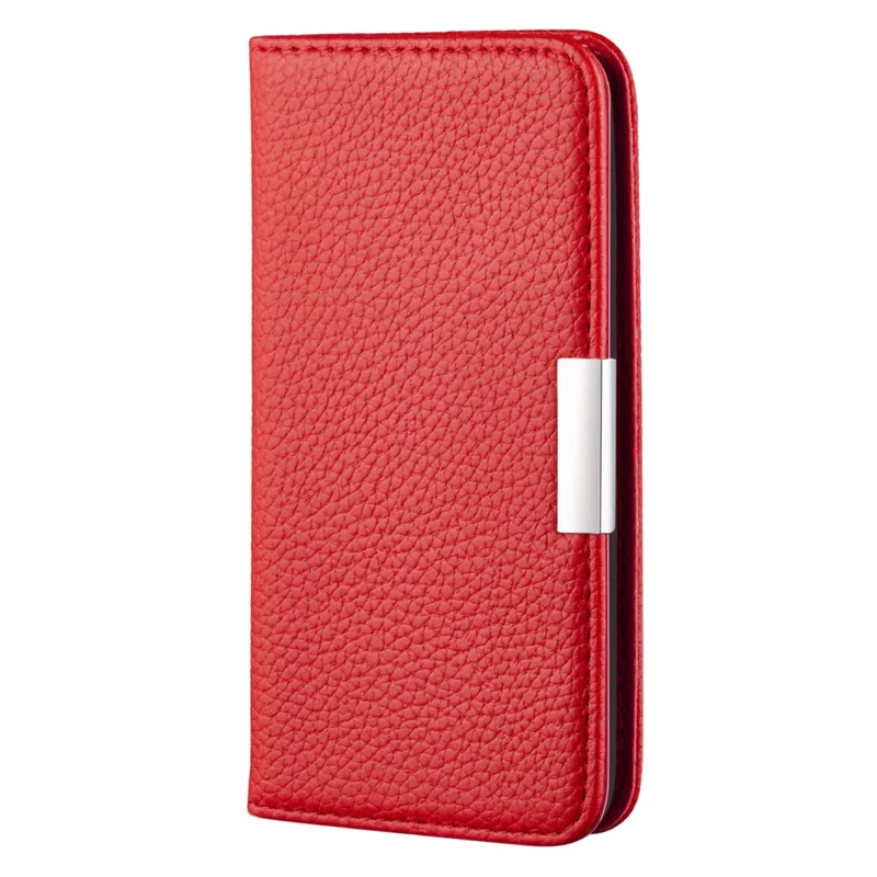 Anti-drop Litchi Skin Metal Buckle Automatic Closing Shockproof Leather Case Cover with Card Holder for Samsung Galaxy S22+ 5G - Red