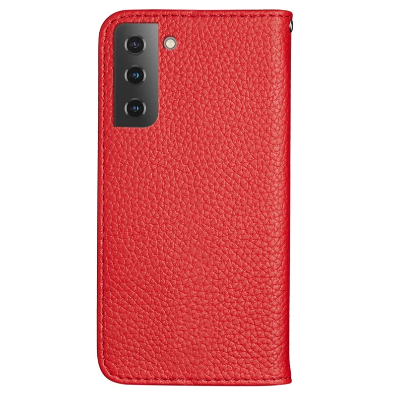 Anti-drop Litchi Skin Metal Buckle Automatic Closing Shockproof Leather Case Cover with Card Holder for Samsung Galaxy S22+ 5G - Red
