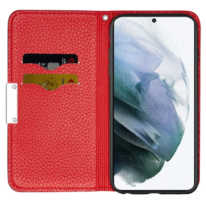 Anti-drop Litchi Skin Metal Buckle Automatic Closing Shockproof Leather Case Cover with Card Holder for Samsung Galaxy S22+ 5G - Red