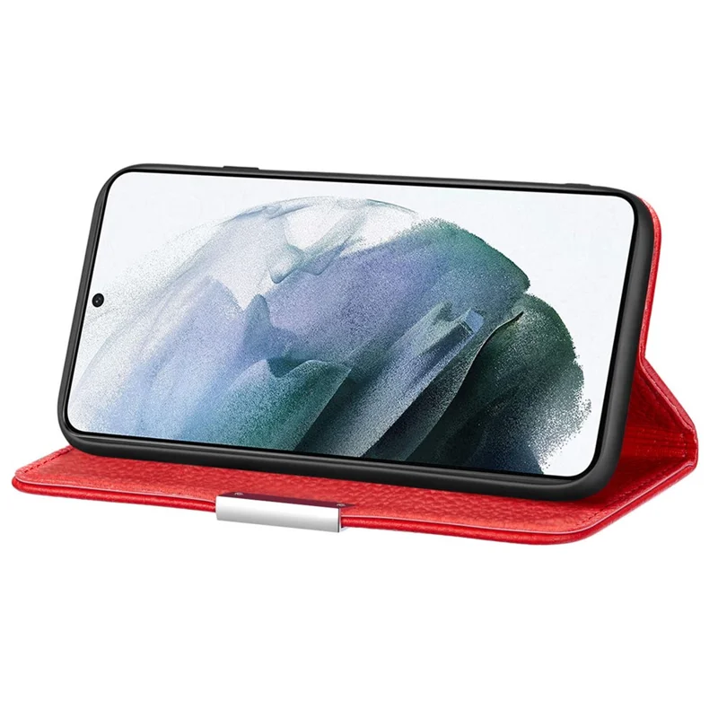Anti-drop Litchi Skin Metal Buckle Automatic Closing Shockproof Leather Case Cover with Card Holder for Samsung Galaxy S22+ 5G - Red