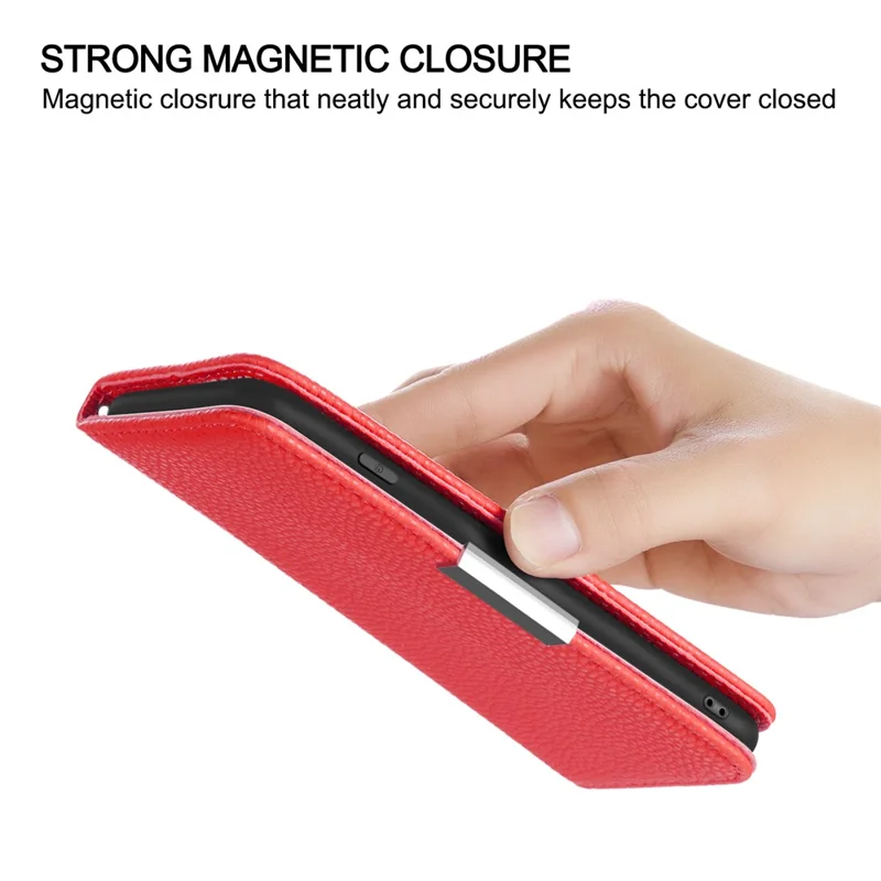 Anti-drop Litchi Skin Metal Buckle Automatic Closing Shockproof Leather Case Cover with Card Holder for Samsung Galaxy S22+ 5G - Red