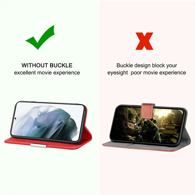 Anti-drop Litchi Skin Metal Buckle Automatic Closing Shockproof Leather Case Cover with Card Holder for Samsung Galaxy S22+ 5G - Red