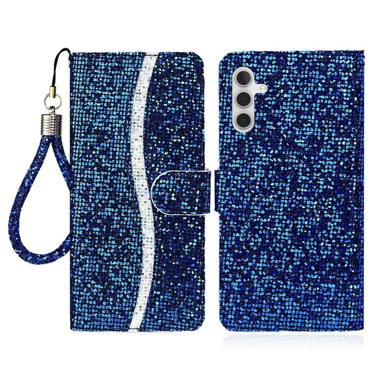 PU Leather Glittery Powder Handy Strap Stylish Wallet Phone Protective Case with Stand for Samsung Galaxy A13 5G / A04s 4G (164.7 x 76.7 x 9.1 mm) - Blue