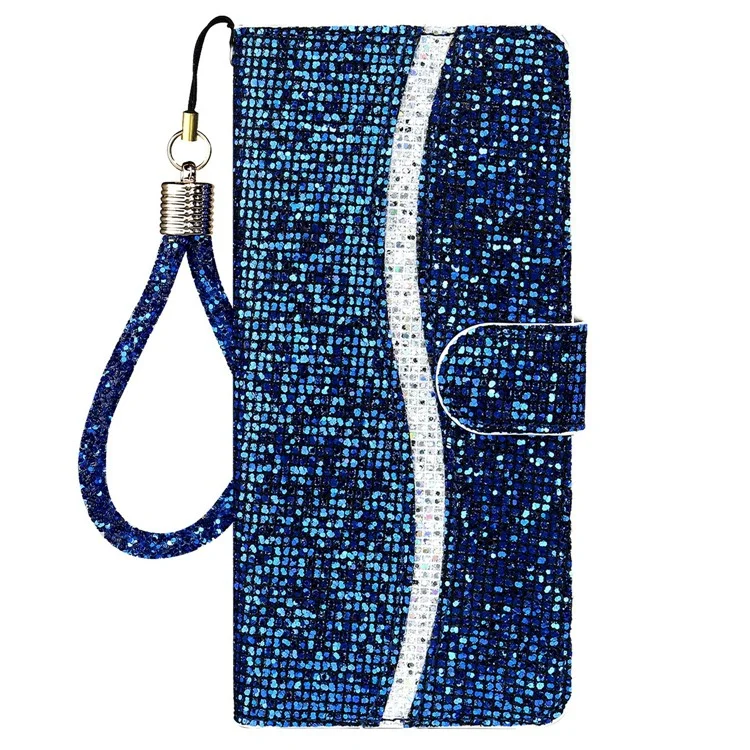PU Leather Glittery Powder Handy Strap Stylish Wallet Phone Protective Case with Stand for Samsung Galaxy A13 5G / A04s 4G (164.7 x 76.7 x 9.1 mm) - Blue
