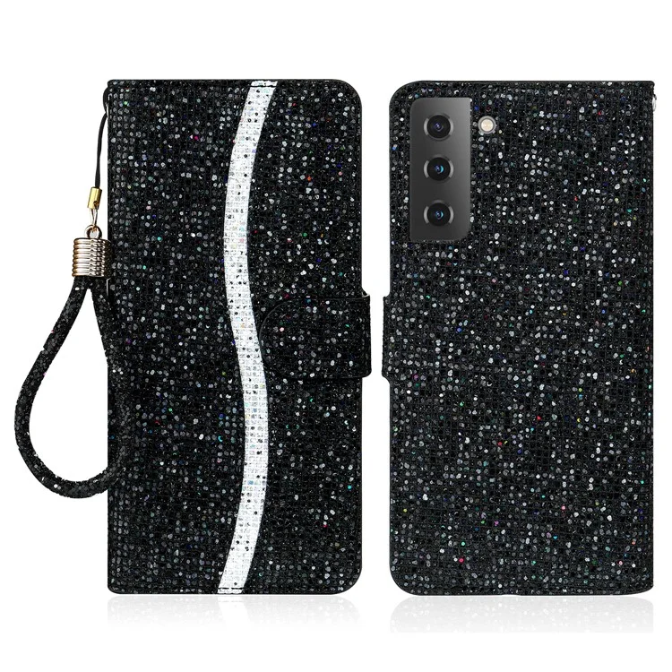 Étui de téléphone portable Flip Phone PU Leather Glittery Powder Handy Strap Stylish Wallet Phone Protective Case pour Samsung Galaxy S22 5G - Noir