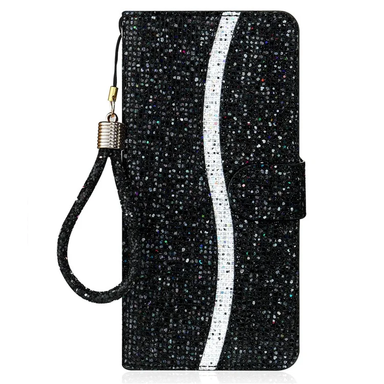 Étui de téléphone portable Flip Phone PU Leather Glittery Powder Handy Strap Stylish Wallet Phone Protective Case pour Samsung Galaxy S22 5G - Noir